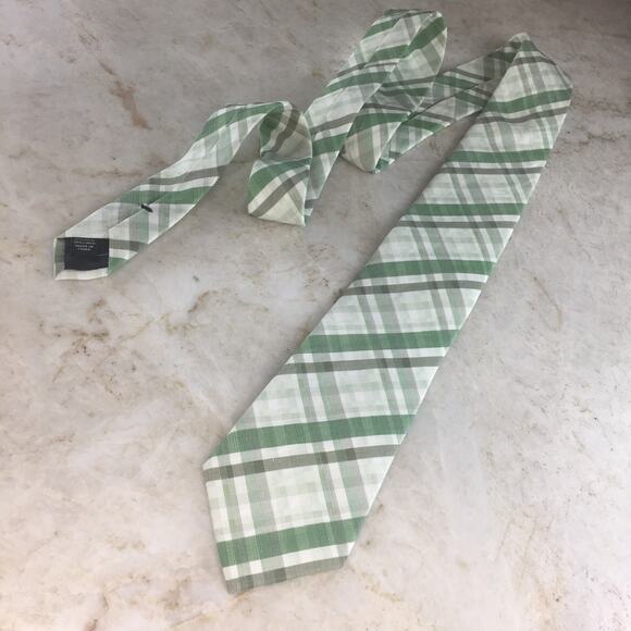 PRONTO UOMO GREEN CREAM PLAID SILK LINEN BLEND NECKTIE ( XL) - Picture 4 of 12